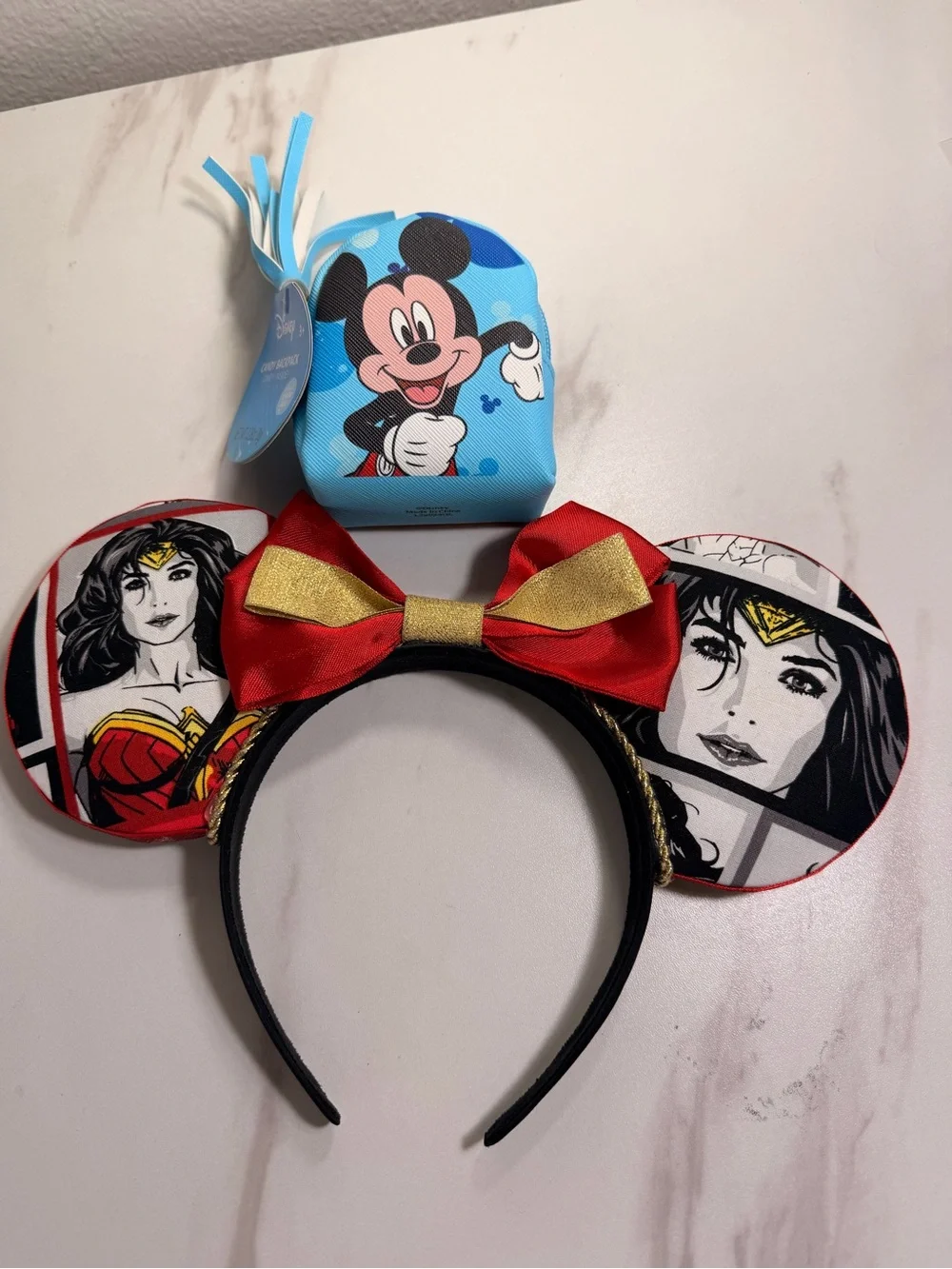 Wonder Woman x Mickey Kids Costume Ear Headband with Red & Gold Bow